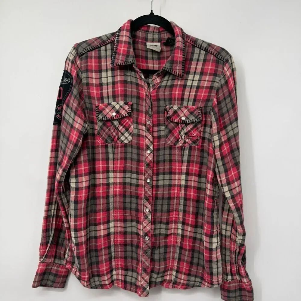 Harley Davidson Red Gray Black Plaid Motorcycles Chrome Button Down Shirt Large